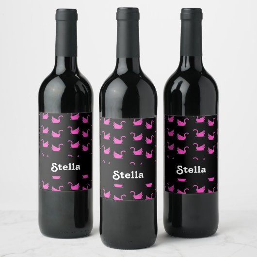 Rosa Schwan-Silhouette auf schwarz Weinetikett (Flaschen)