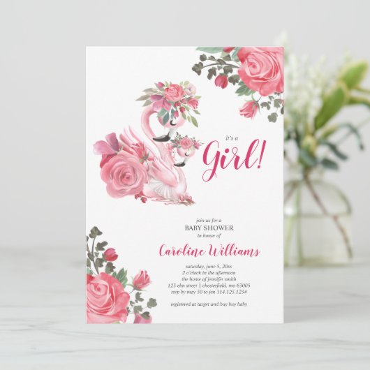 Rosa Schwanendusche Einladung (Stehend Vorderseite)