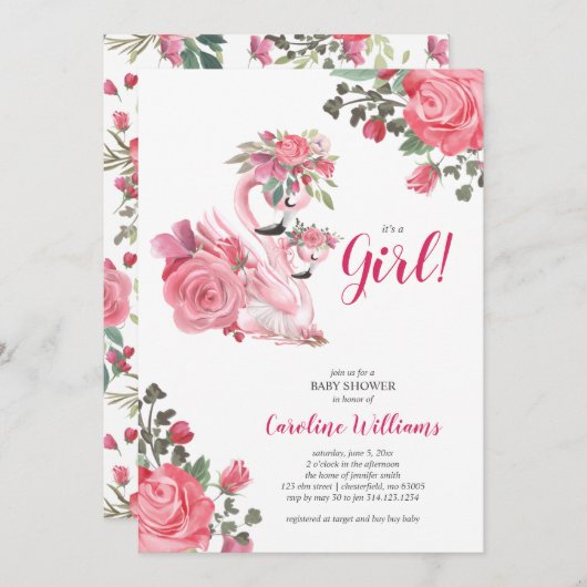 Rosa Schwanendusche Einladung (Vorne/Hinten)