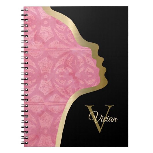 Rosa Schwarz-Gold-Face-Monogram-Name Notizblock (Vorderseite)