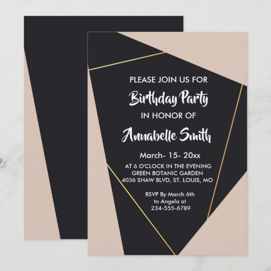 Rosa Schwarz & Gold geometrische Geburtstag Einladung (Vorne/Hinten)