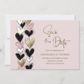 Rosa Schwarz Gold Herzen Hochzeit Termin Save The Date (Vorderseite)