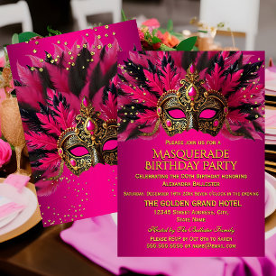 Rosa Schwarz Gold Masken Masquerade Geburtstagsfei Einladung