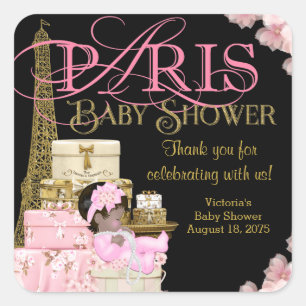 Rosa Schwarz Gold Paris Baby Shower Dankeschön Quadratischer Aufkleber