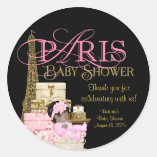 Rosa Schwarz Gold Paris Baby Shower Dankeschön Runder Aufkleber