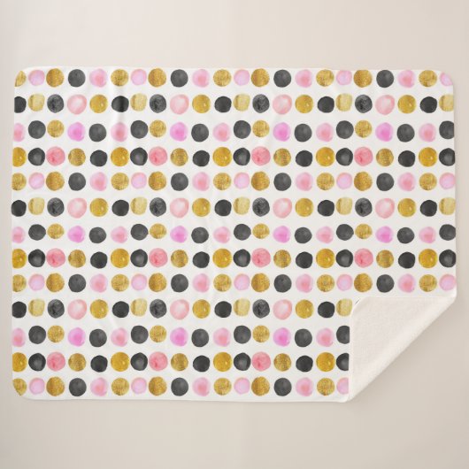 Rosa, Schwarz & Gold Polka Dot Sherpa Blanket Sherpadecke (Vorderseite (Horizontal))