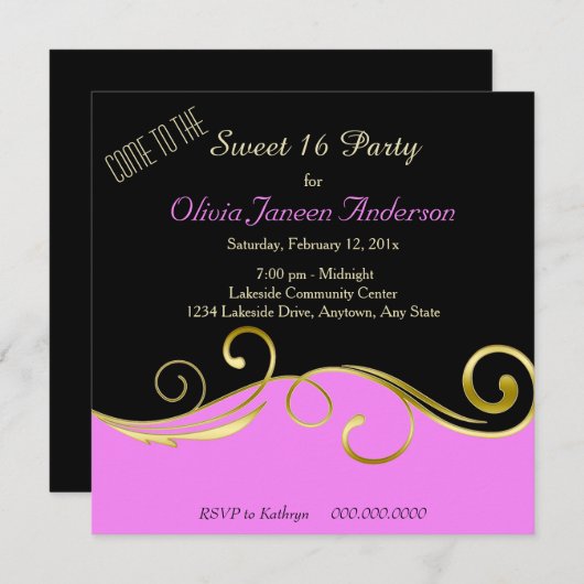 Rosa Schwarz Goldrausch Sweet 16 Party Einladung (Vorne/Hinten)