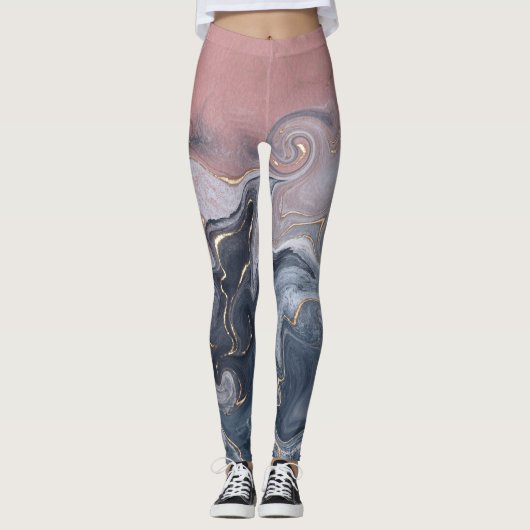 Rosa Schwarz Grau dekorativer Wasserfarbenmarmor Leggings (Vorderseite)