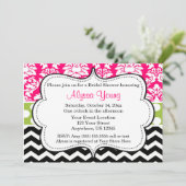 Rosa Schwarz Grün Zickzack Damask Einladung (Stehend Vorderseite)