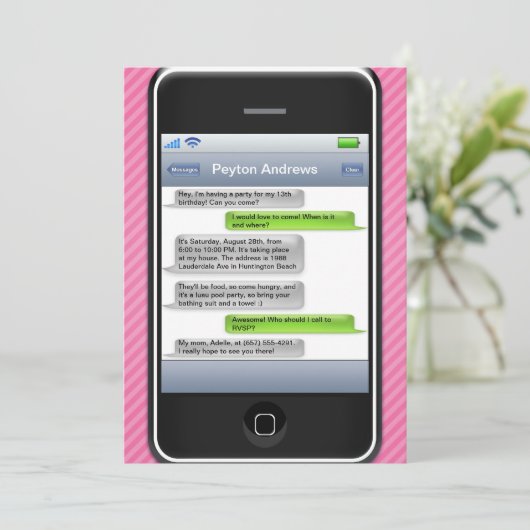Rosa-/Schwarz-intelligentes Telefon-iParty Einladung (Stehend Vorderseite)