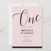 Rosa Schwarz Modernes Minimales Skript 1. Geburtst Einladung (Vorderseite)