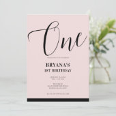 Rosa Schwarz Modernes Minimales Skript 1. Geburtst Einladung (Stehend Vorderseite)