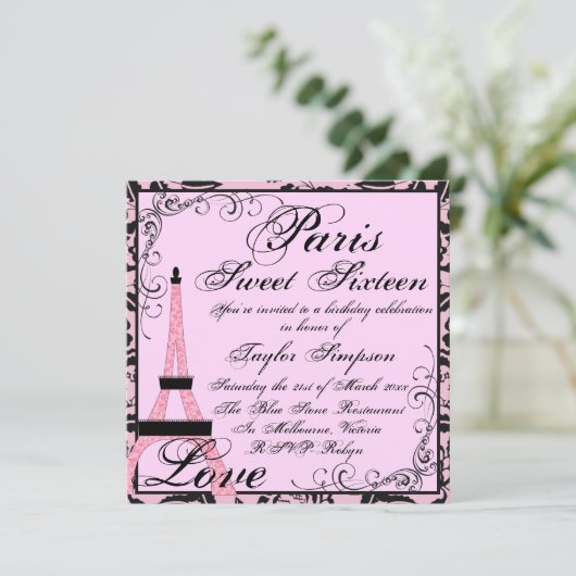 Rosa/Schwarz Paris Sweet16 Birthday Einladung (Stehend Vorderseite)