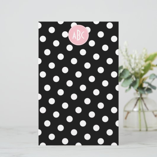 Rosa Schwarz-Polka-Dot-Monogramm Briefpapier (Stehend Vorderseite)