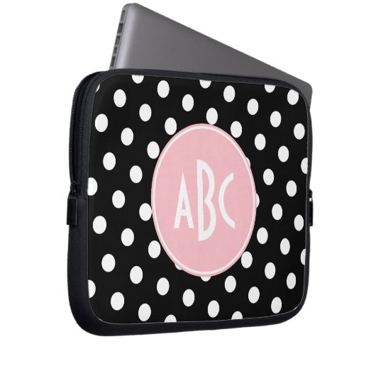 Rosa Schwarz-Polka-Dot-Monogramm Laptopschutzhülle (Vorne Rechts)