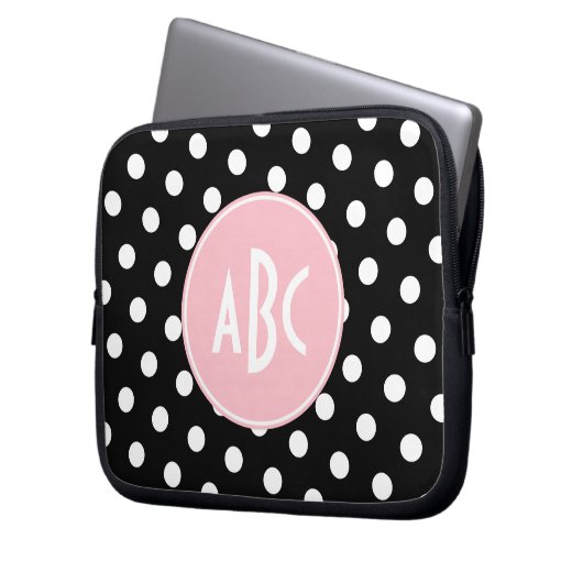 Rosa Schwarz-Polka-Dot-Monogramm Laptopschutzhülle (Vorderseite Links)