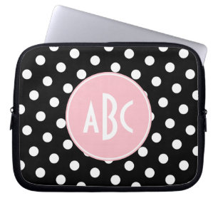 Rosa Schwarz-Polka-Dot-Monogramm Laptopschutzhülle
