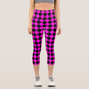 Rosa Schwarz Schachbrett Diamantmuster Capri Leggings