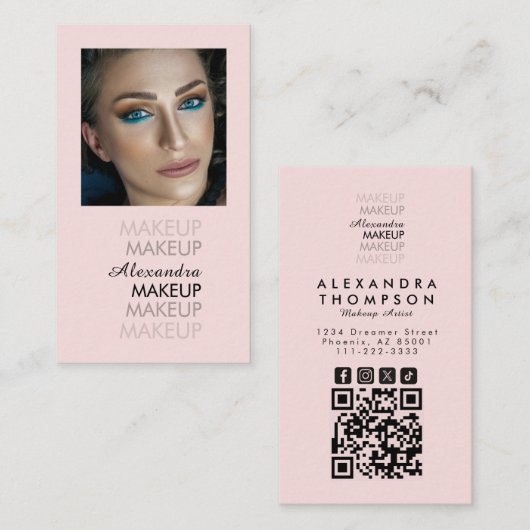 Rosa Schwarz Schrift Foto Qr Code Make-up Visitenkarte (Vorne/Hinten)