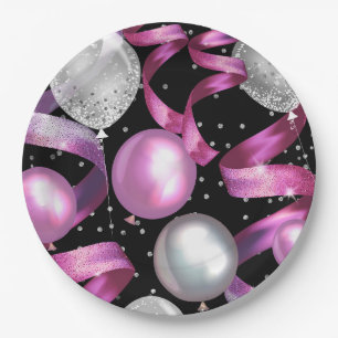 Rosa Schwarz Silber Glitter Sweet 16 Geburtstagsfe Pappteller