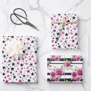 Rosa Schwarz Silber Sterne Blumen Streifen Geburts Geschenkpapier Set