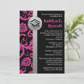 Rosa, Schwarz, Silberne Graduierungskappe laden Einladung (Stehend Vorderseite)