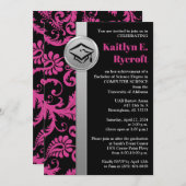 Rosa, Schwarz, Silberne Graduierungskappe laden Einladung (Vorne/Hinten)