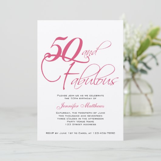 Rosa Schwarz Silver 50. Geburtstag Einladungen (Stehend Vorderseite)