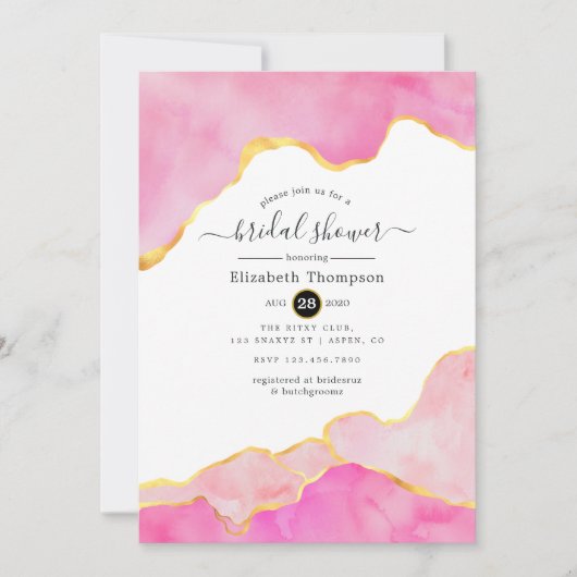 Rosa, Schwarz und Gold-Agate-Brautparty Einladung (Vorderseite)