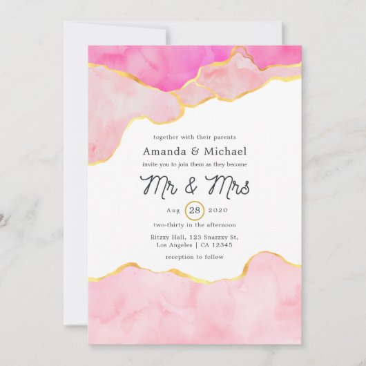 Rosa-, Schwarz- und Gold-Agate-Hochzeit Einladung (Vorderseite)