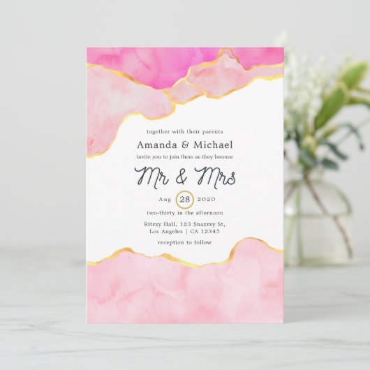 Rosa-, Schwarz- und Gold-Agate-Hochzeit Einladung (Stehend Vorderseite)