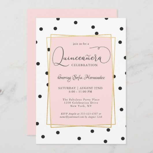 Rosa Schwarz und Gold Confetti Dots Quinceanera Einladung (Vorne/Hinten)