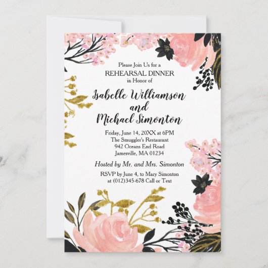 Rosa, Schwarz und Gold Probe Abendessen Einladung (Vorderseite)