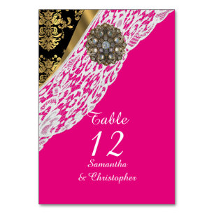 Rosa, schwarz und goldfarbener Damast, weiße Spitz Tischnummer