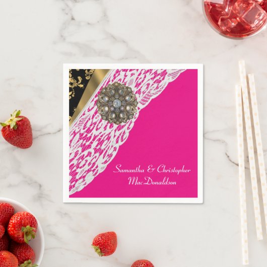 Rosa, schwarz und goldweiß Spitzenhochzeit Serviette (Beispiel)