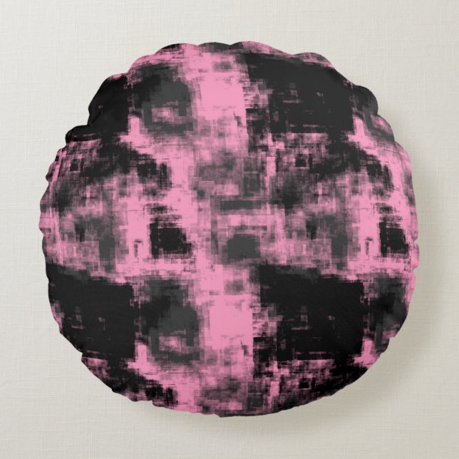 Rosa Schwarz und Grau Rundes Kissen (Vorderseite)
