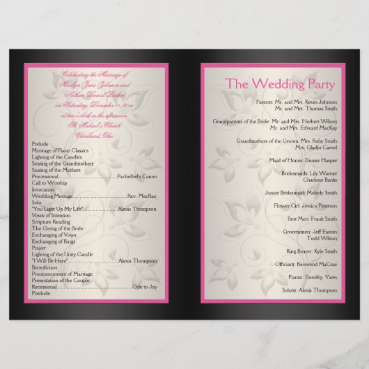 Rosa, Schwarz und Silber-Hochzeitsprogramm (Rückseite)