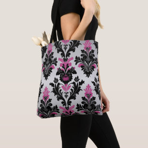 Rosa, Schwarz und Silber im Damast-Stil Tasche