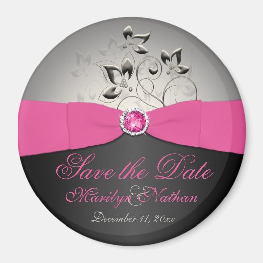 Rosa, Schwarz und Silberne Gastgeschenk Hochzeit Magnet (Vorne)