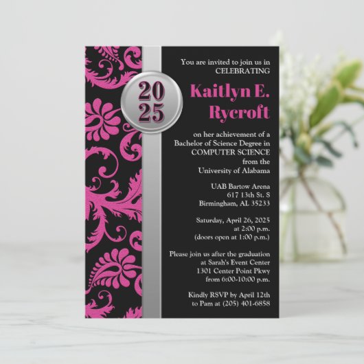 Rosa, Schwarz und Silberner Abschluss - Einladung (Stehend Vorderseite)