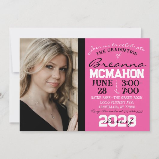 Rosa, Schwarz und Weiß Abschluss Foto Einladung (Vorderseite)