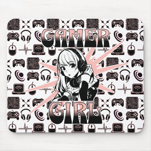 Rosa, Schwarz und Weiß-Gamer-Girl Mousepad (Vorne)
