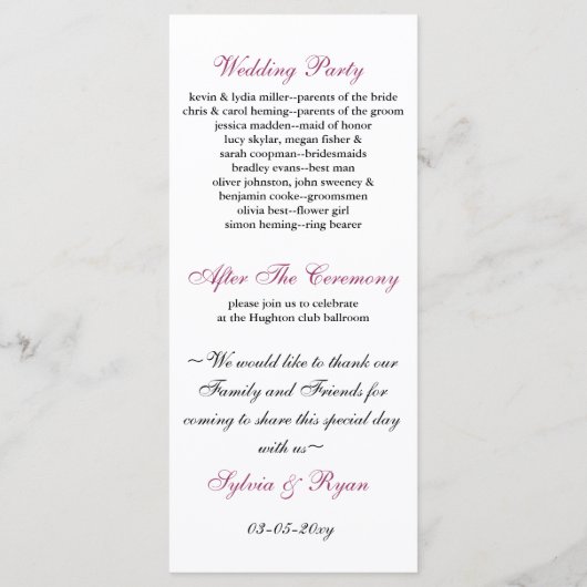 Rosa, Schwarz und Weiß Hochzeitsprogramm Programm (Rückseite)