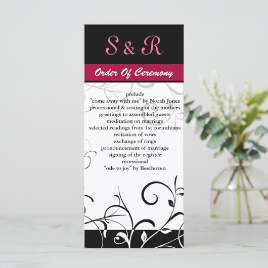 Rosa, Schwarz und Weiß Hochzeitsprogramm Programm (Stehend Vorderseite)