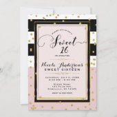 Rosa Schwarz-weiß & goldfarbener Glam SWEET 16 Par Einladung (Vorderseite)
