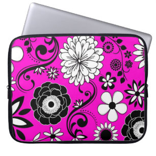 Rosa Schwarz-weiße Blume Notebook-Hülle Laptopschutzhülle