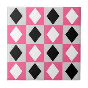 Rosa Schwarz Weiße Geometrische Raute Diamant Fliese