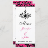 Rosa Schwarz-weiße Kronleuchter-Hochzeitkarte Menükarte (Vorne/Hinten)