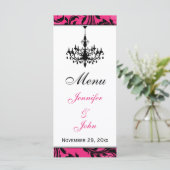 Rosa Schwarz-weiße Kronleuchter-Hochzeitkarte Menükarte (Stehend Vorderseite)