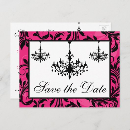 Rosa Schwarz-weiße Kronleuchter Save the Date Kart Ankündigungspostkarte (Vorne/Hinten)
